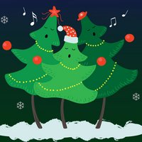 Illustration: 3 weihnachtlich geschmückte Tannenbäume mit Gesichtern neigen sich zueinander, als würden sie gemeinsam singen.