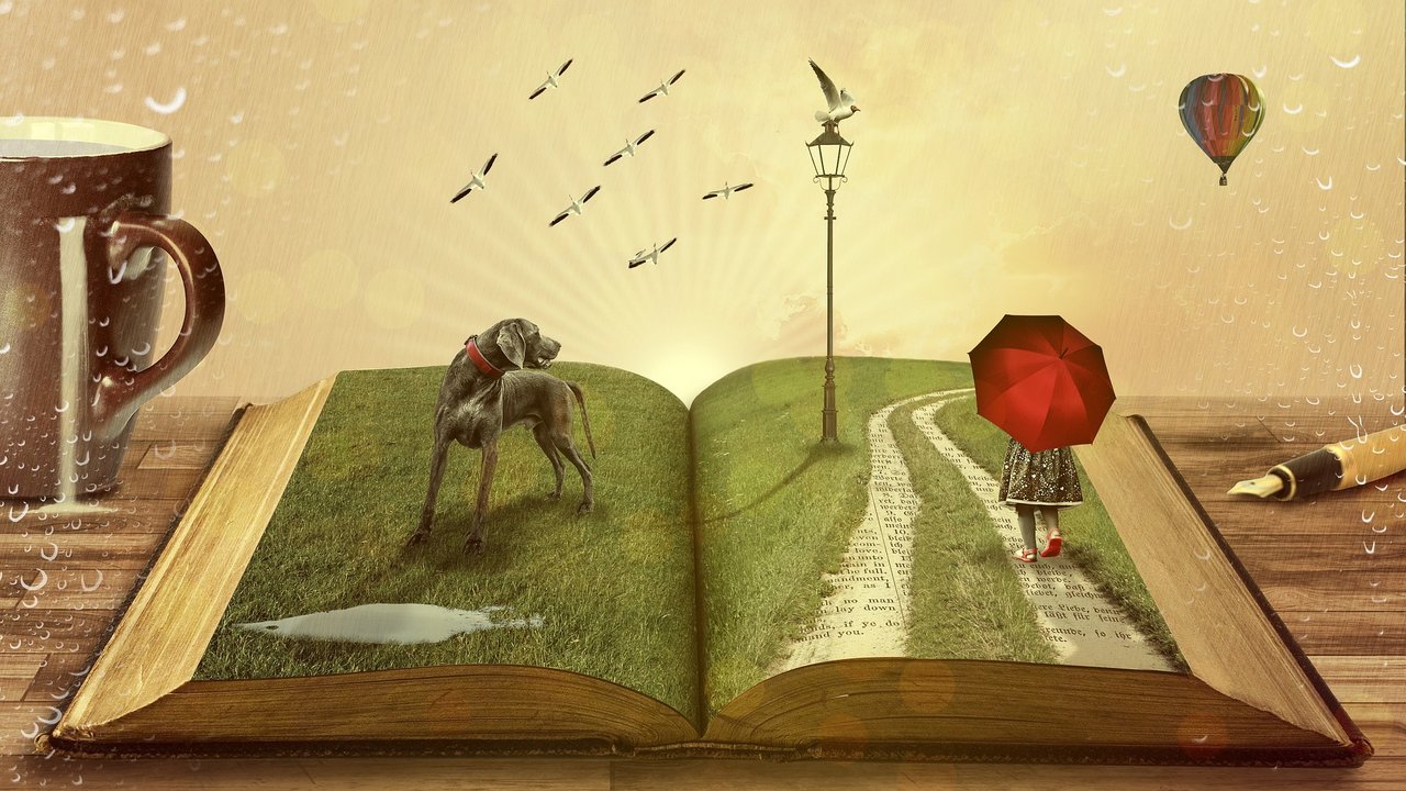 Illustration: auf einem aufgeschlagenen Buch steht ein großer Hund auf einer Wiese und schaut einem Schwarm Vögeln hinterher, ein Kind mit rotem Schirm geht einen Weg entlang