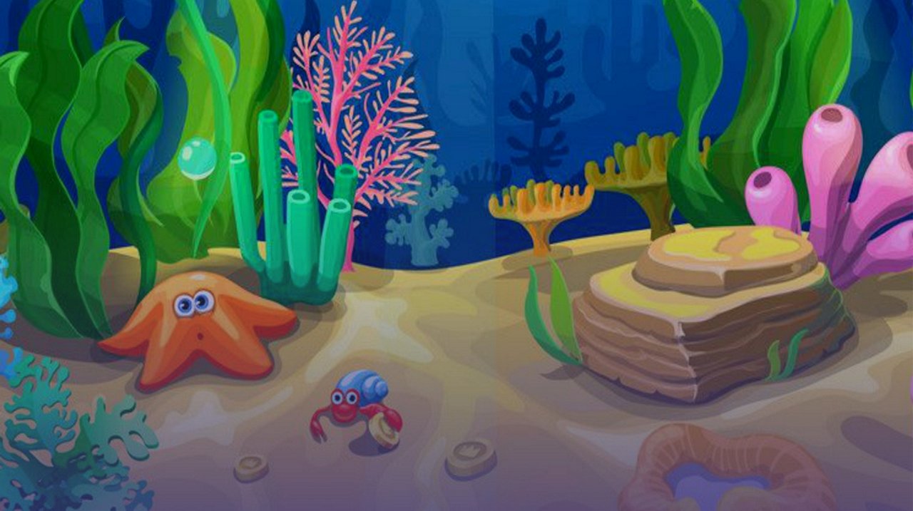 Illustration: Unterwasserbild mit bunten Korallen und einem Einsiedlerkrebs